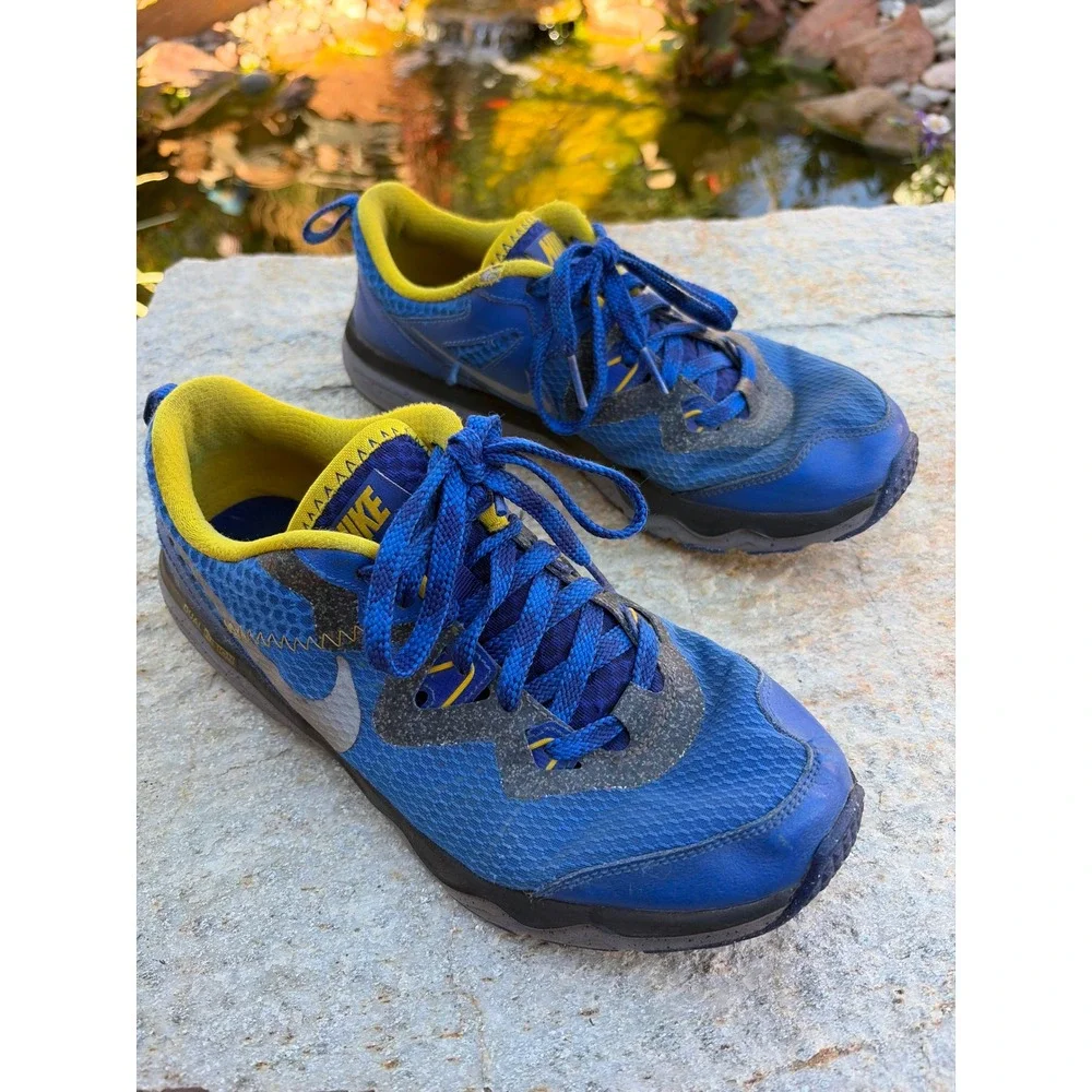 Nike Dual Fusion Trail Blue Yellow Kids Running Shoes 777340-400 Size 7Y